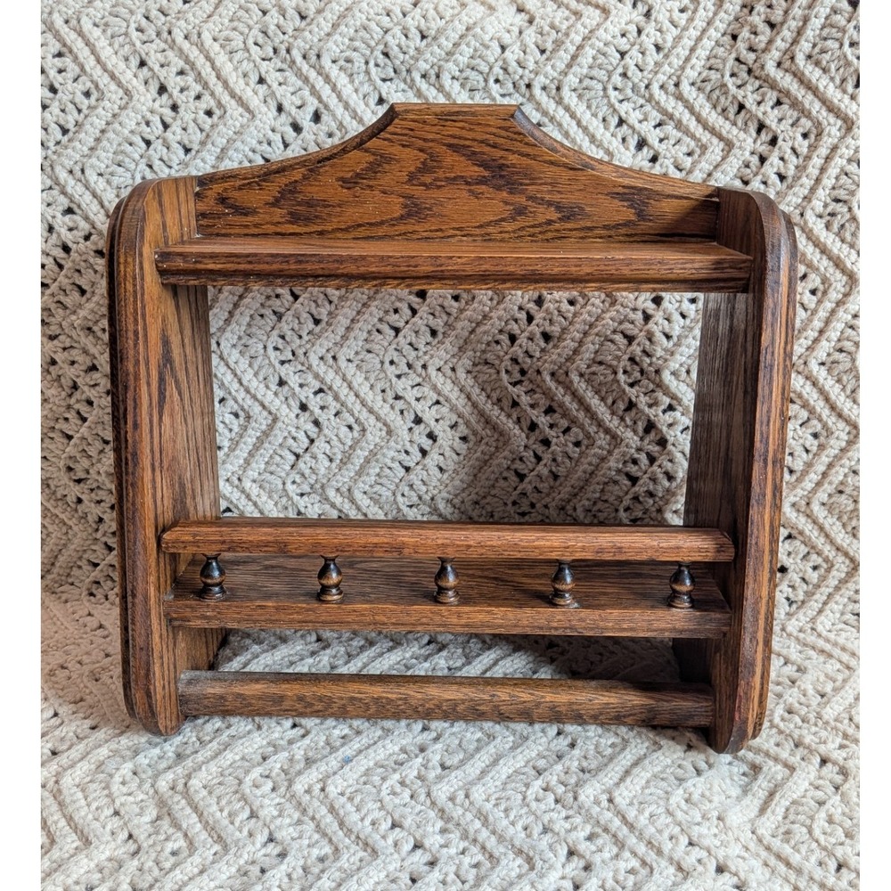 Vintage Oak Wood Wall Shelf with Spindle Rail and Towel Bar Farmhouse 13x12x6.5